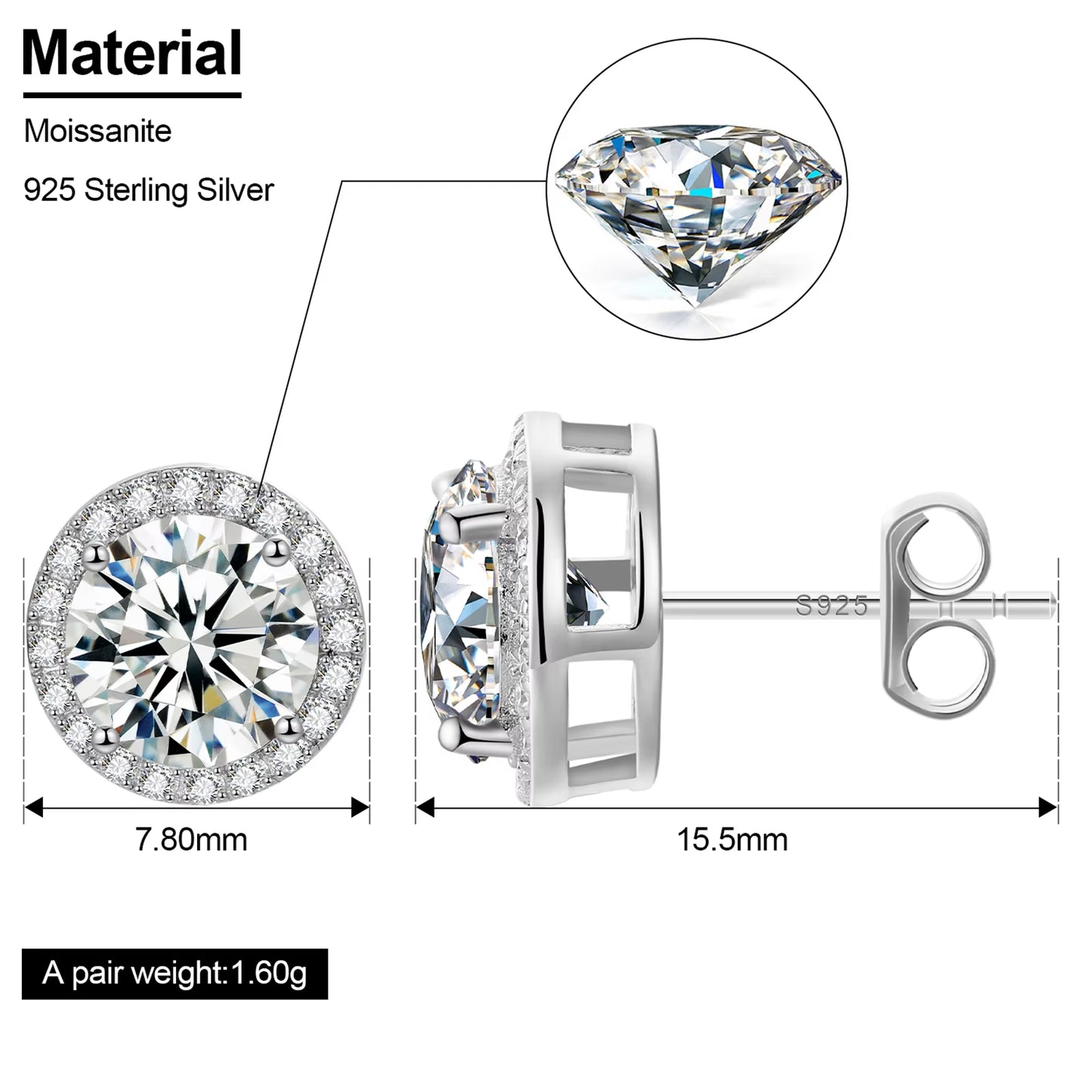 Pass Diamond Tester Fashion 5Mm-8Mm White Gold 925 Sterling Silver VVS Moissanite Diamond Push Back Halo Stud Earrings Men Women