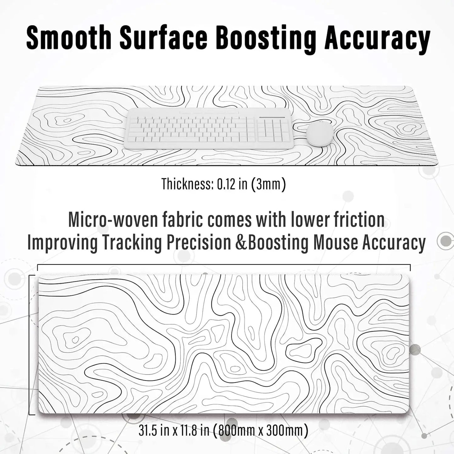 Large Gaming Mouse Pad Topographic Map Desk Mat, Extended XL Mousepad with Anti-Slip Base Cool Desk Pad for Keyboard Mouse White