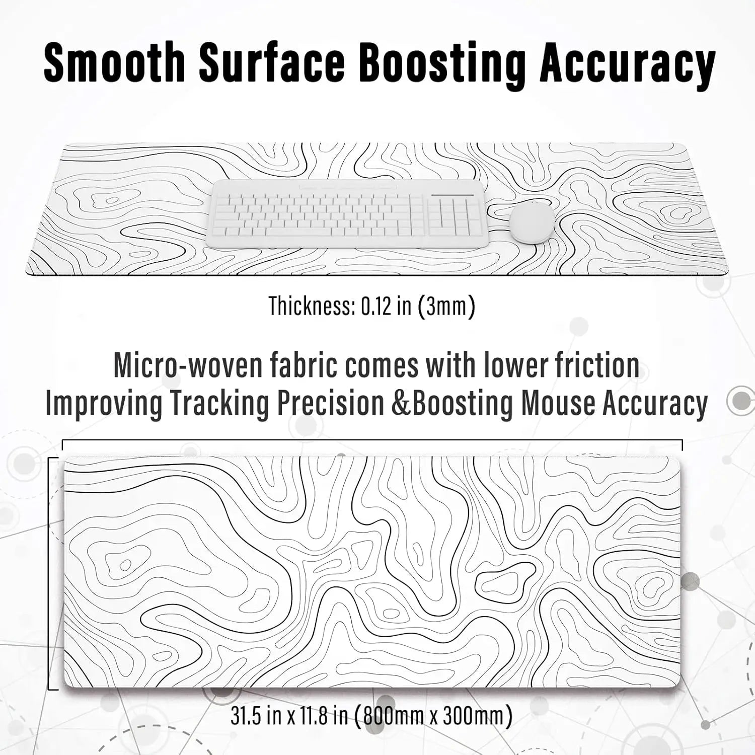 Large Gaming Mouse Pad Topographic Map Desk Mat, Extended XL Mousepad with Anti-Slip Base Cool Desk Pad for Keyboard Mouse White