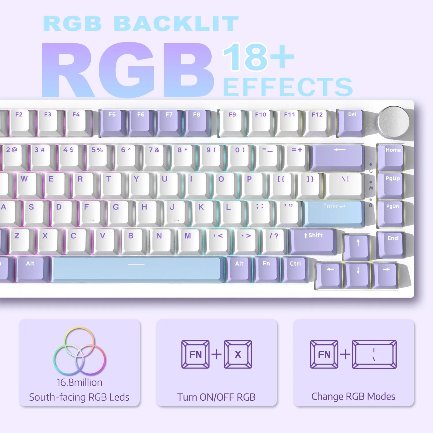 AK820 Mechanical Keyboard with CNC Knob Control,82Keys Gasket Mount Wired Gaming Keyboard,75% ANSI Layout,5 Sound Absorbing Foam,Hot-Swappable,White Backlit,For PC,MAC (White&Purple)