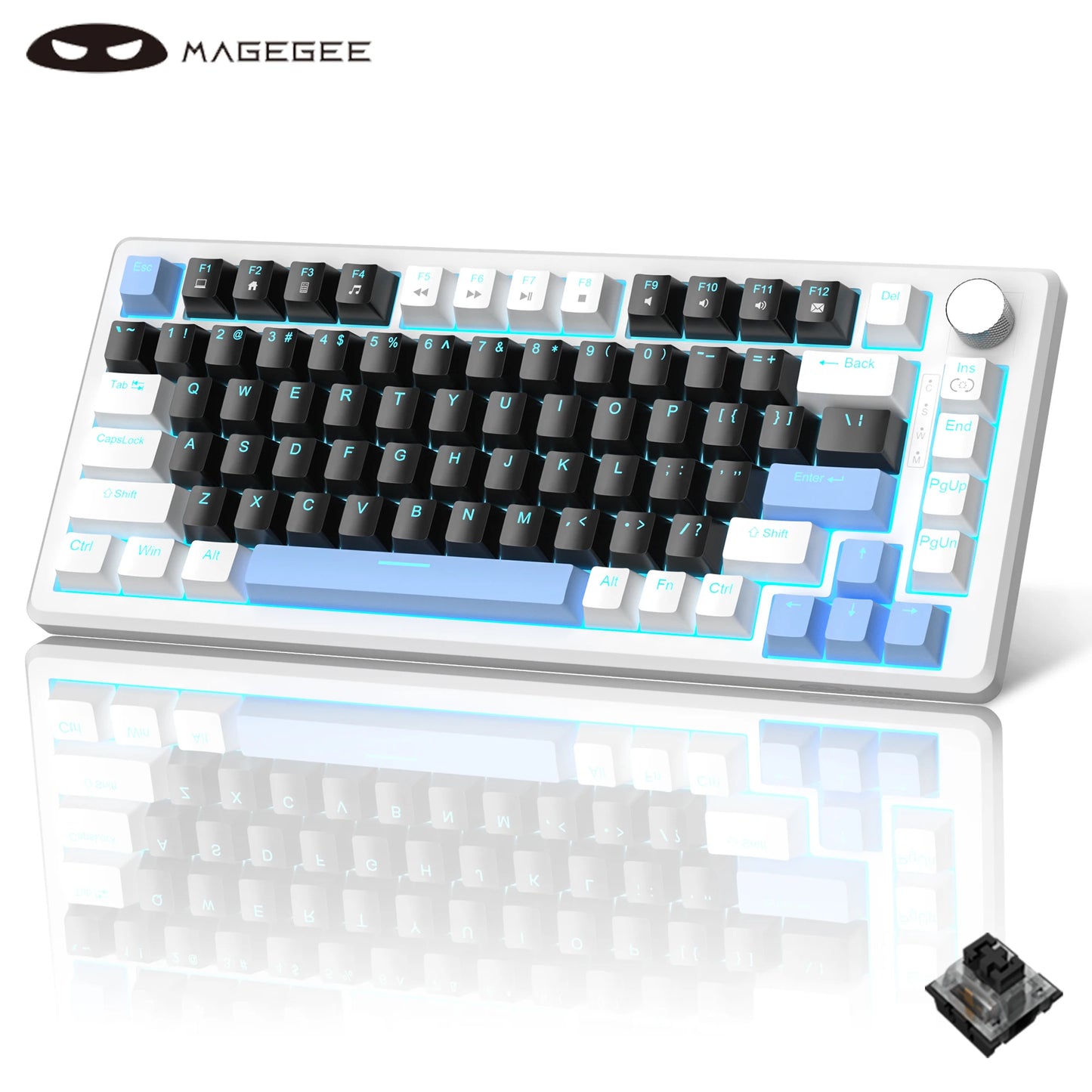 75% Mechanical Gaming Keyboard with Knob Control, Compact Blue Backlit Wired Keyboard Black/Brown Switches for Pcwindows