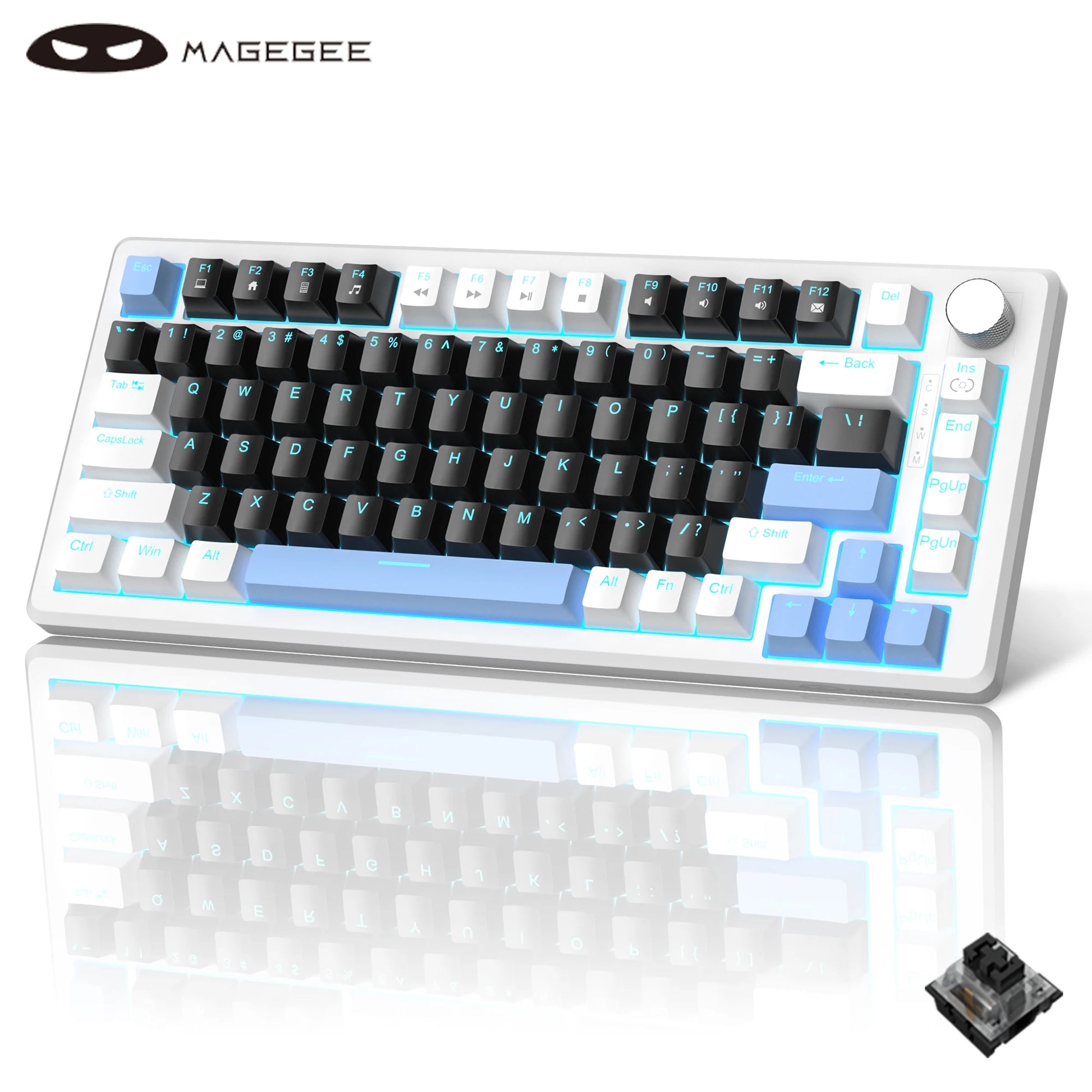 75% Mechanical Gaming Keyboard with Knob Control, Compact Blue Backlit Wired Keyboard Black/Brown Switches for Pcwindows