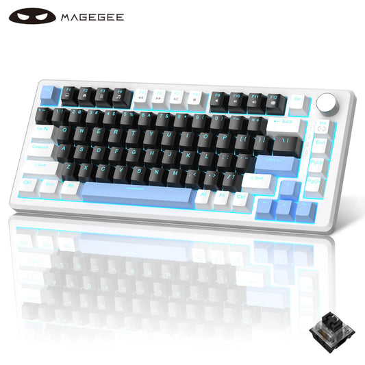 75% Mechanical Gaming Keyboard with Knob Control, Compact Blue Backlit Wired Keyboard Black/Brown Switches for Pcwindows