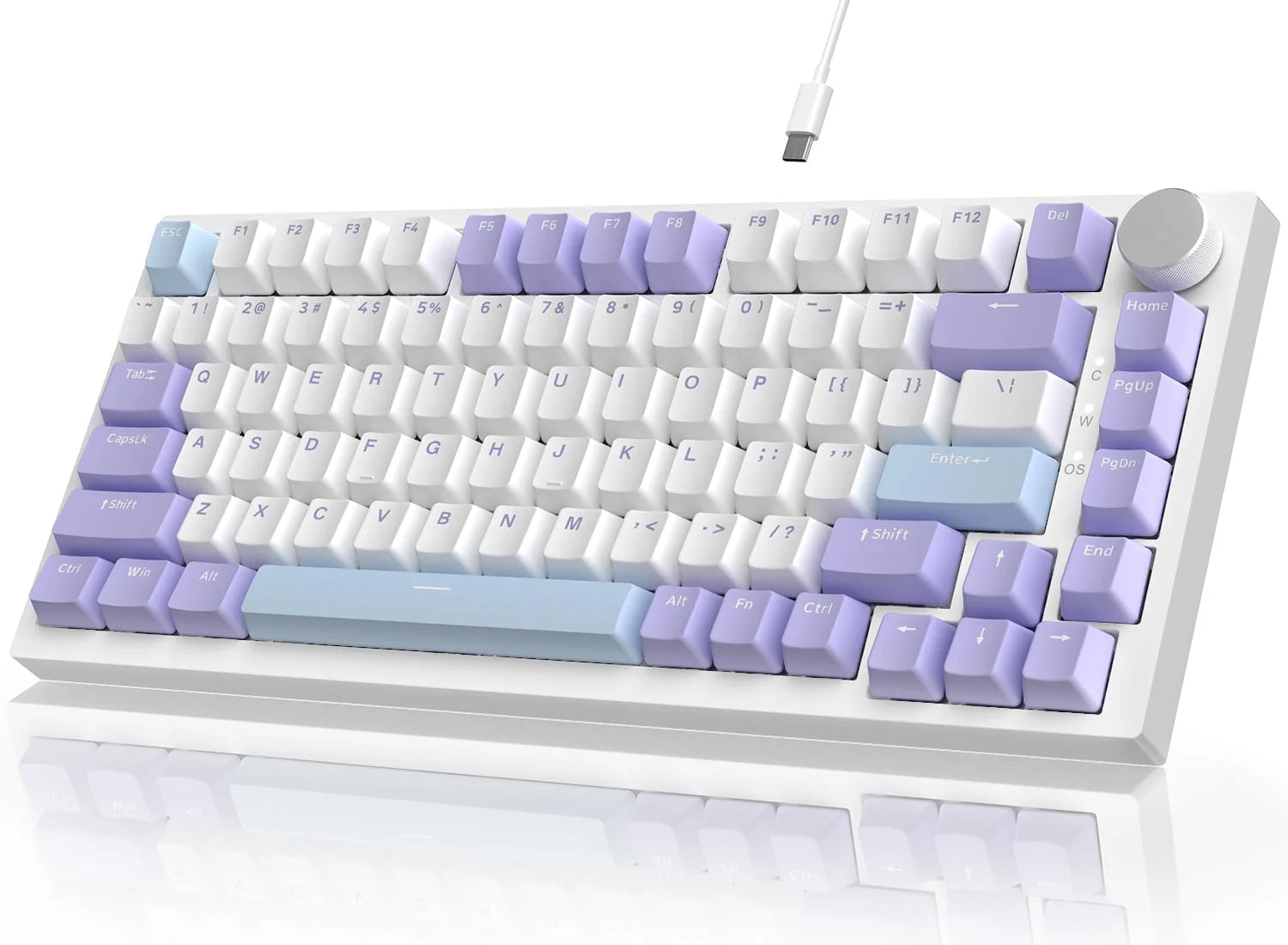 AK820 Mechanical Keyboard with CNC Knob Control,82Keys Gasket Mount Wired Gaming Keyboard,75% ANSI Layout,5 Sound Absorbing Foam,Hot-Swappable,White Backlit,For PC,MAC (White&Purple)