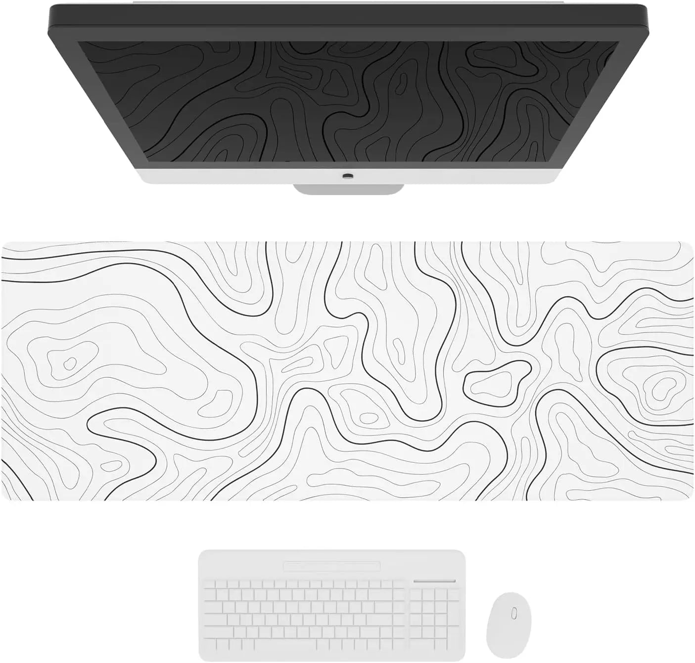 Large Gaming Mouse Pad Topographic Map Desk Mat, Extended XL Mousepad with Anti-Slip Base Cool Desk Pad for Keyboard Mouse White