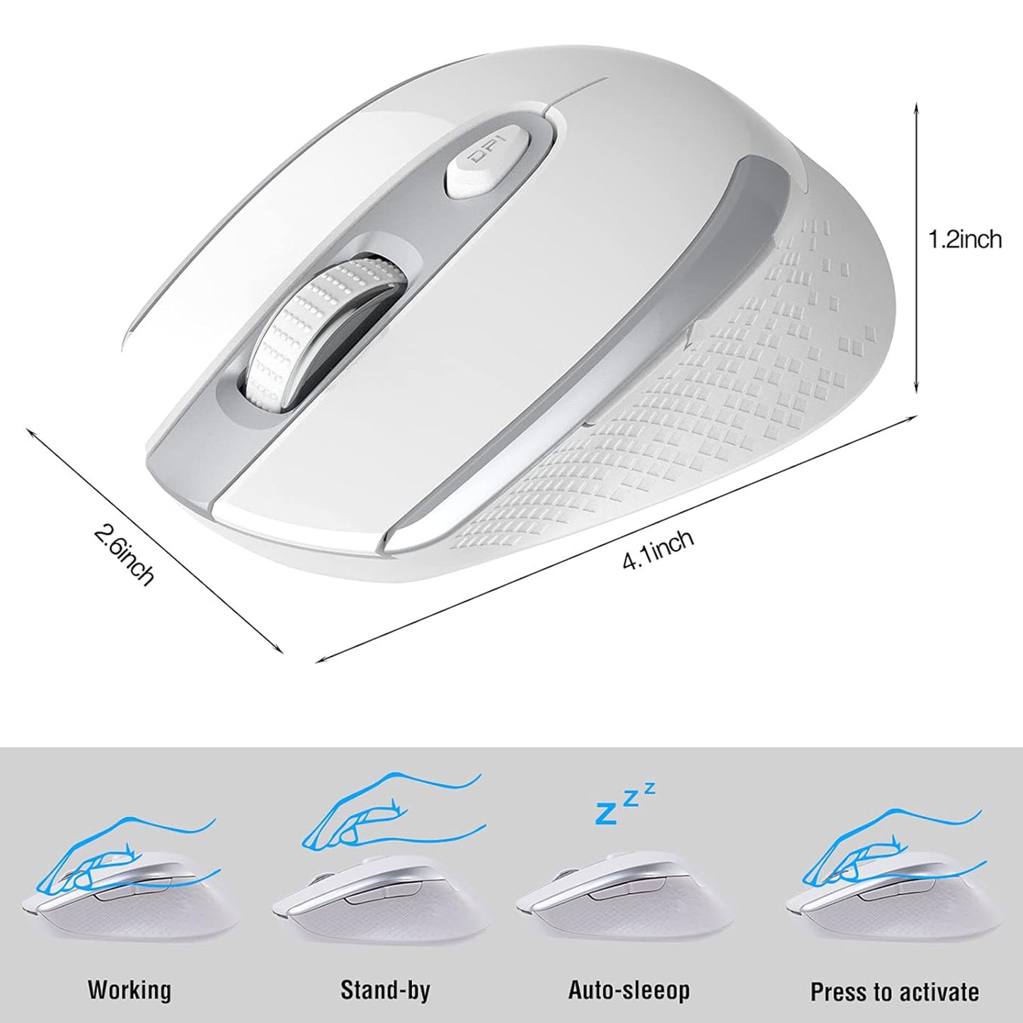 Wireless Computer Mouse, 2.4G Silent Cordless Mouse for Laptop, Mouse with 6 Buttons and 3 Adjustable DPI for Laptop, Deskbtop, Macbook , PC (White)