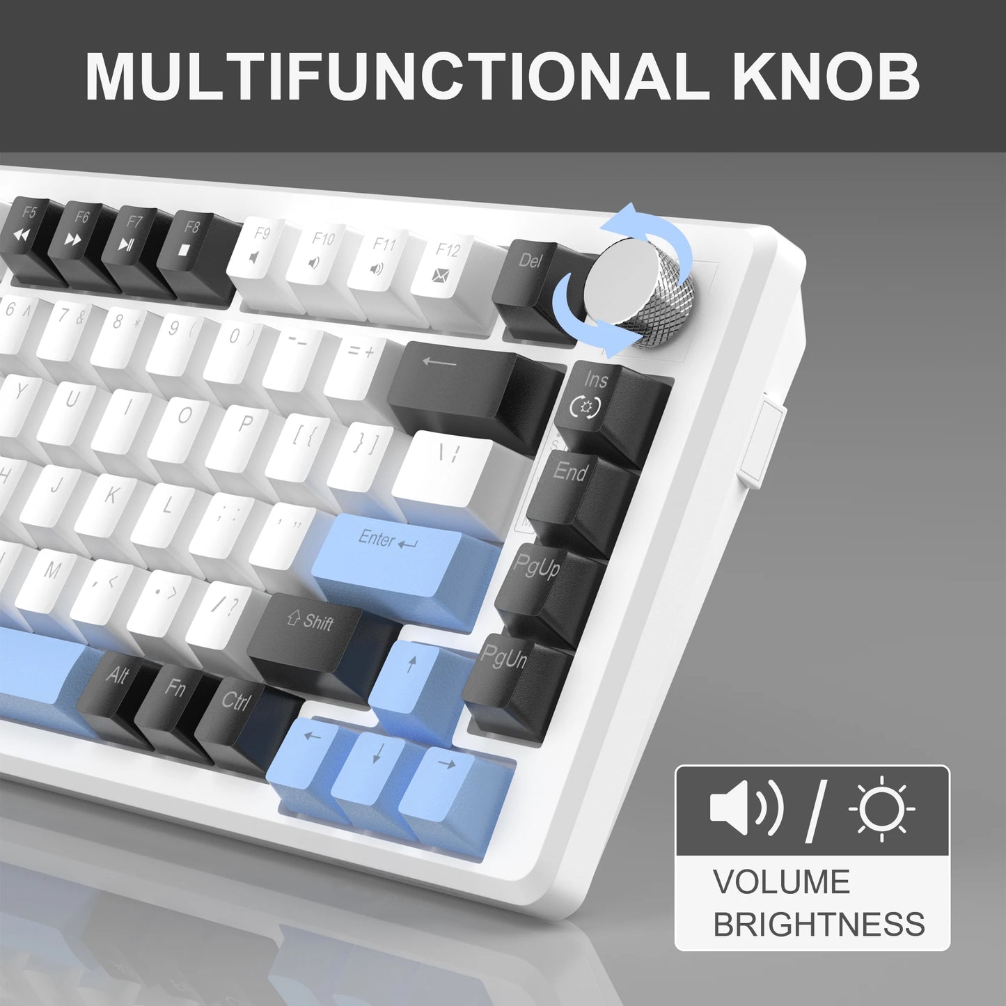 75% Mechanical Gaming Keyboard with Knob Control, Compact Blue Backlit Wired Keyboard Black/Brown Switches for Pcwindows