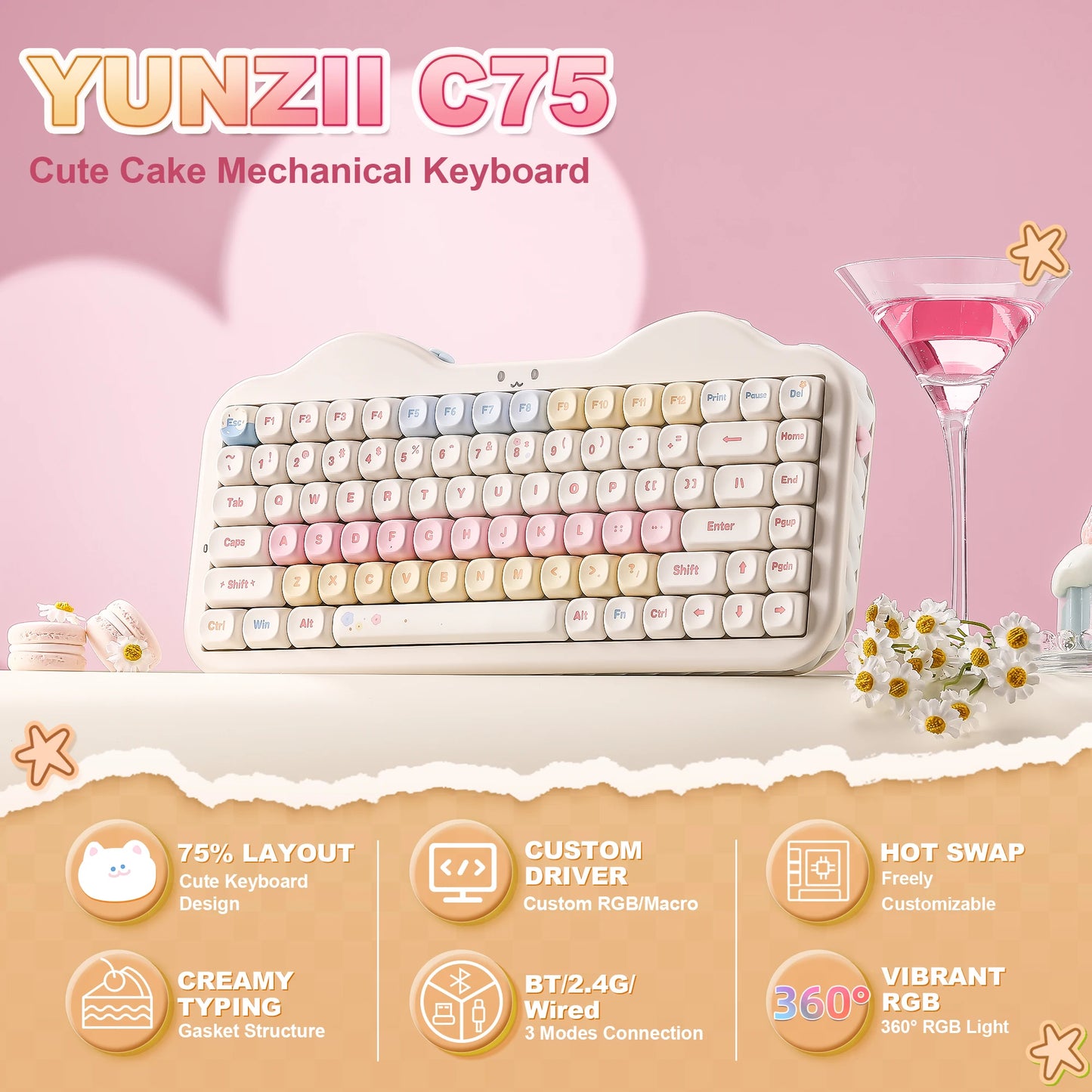 C75 Wireless Mechanical Keyboard, 75% Creamy Hot Swap Custom RGB Keyboard, Gasket Cute Cake Design, for Win/Mac/Gaming