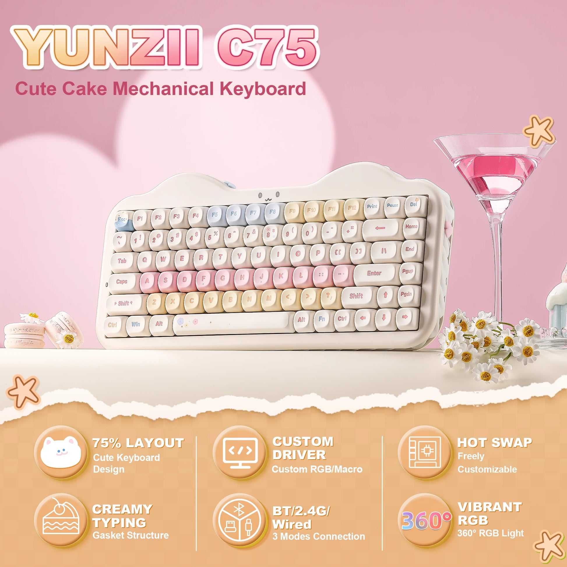 C75 Wireless Mechanical Keyboard, 75% Creamy Hot Swap Custom RGB Keyboard, Gasket Cute Cake Design, for Win/Mac/Gaming