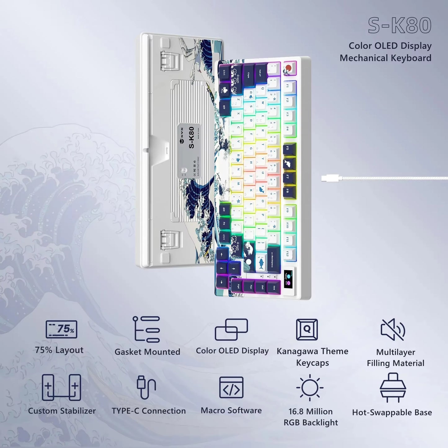 SK80 Gasket Mounted Mechanical Keyboard 81 Key Gamer Keyboard 75% Hot Swap RGB Gaming Keyboard with Smart Display for PC