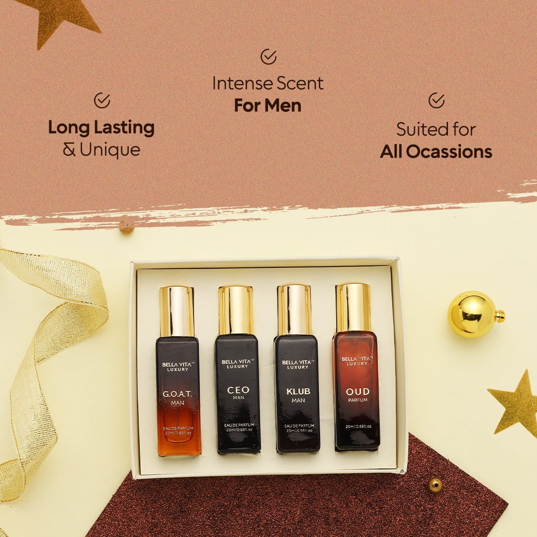 Bella Vita Organic Man Perfume Gift Set for Men, Luxury Scent with Long Lasting Fragrance, 4X20 Ml Perfumes