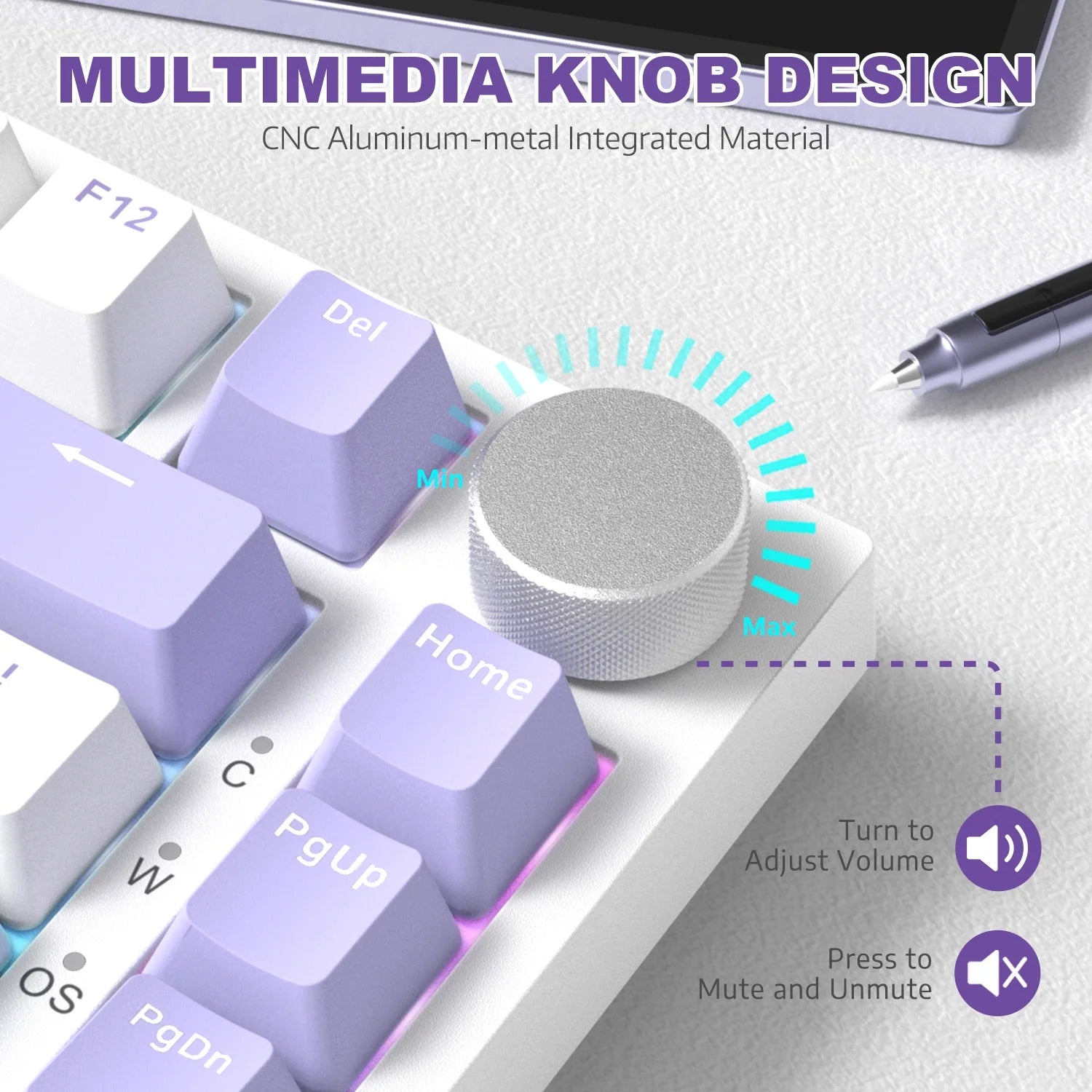 AK820 Mechanical Keyboard with CNC Knob Control,82Keys Gasket Mount Wired Gaming Keyboard,75% ANSI Layout,5 Sound Absorbing Foam,Hot-Swappable,White Backlit,For PC,MAC (White&Purple)