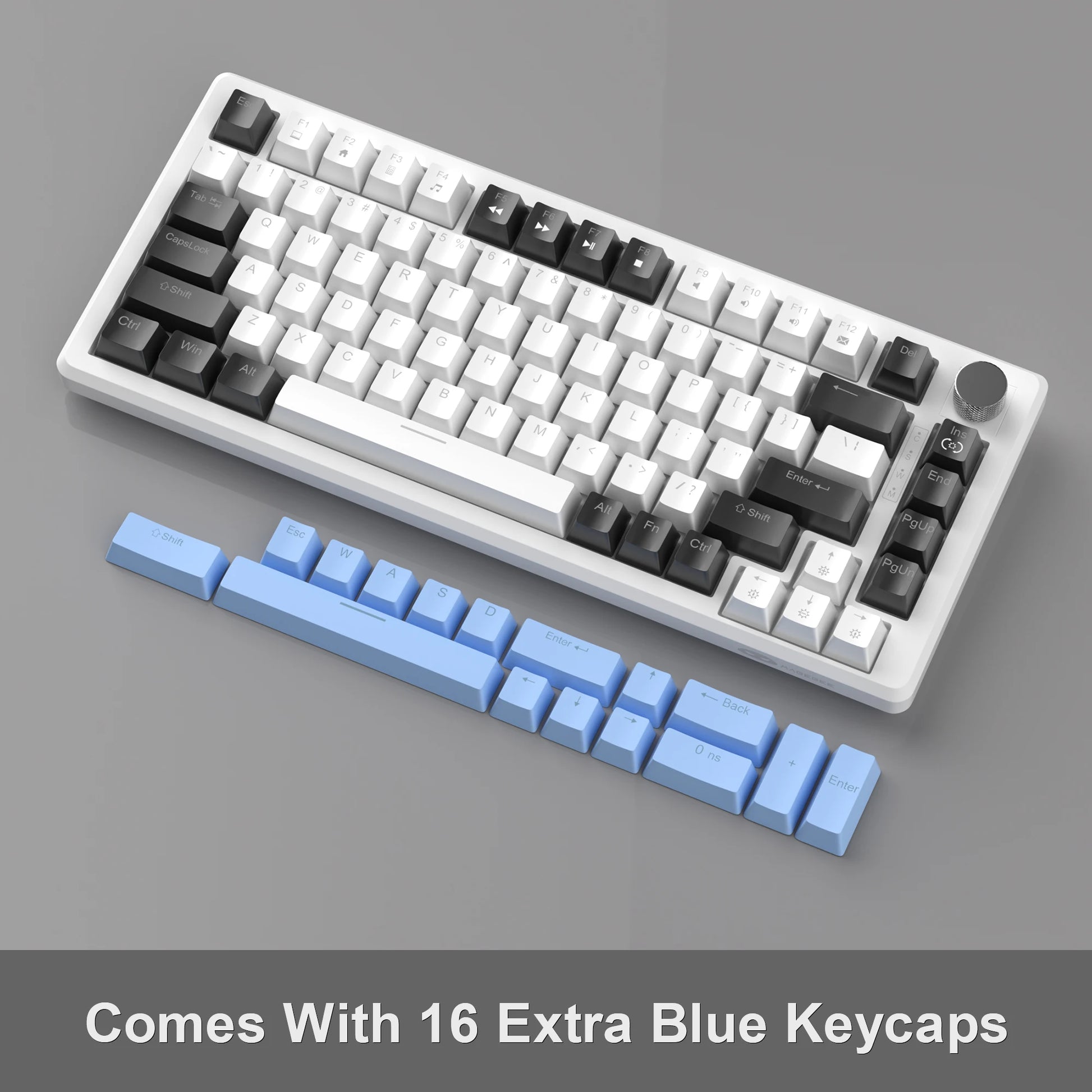 75% Mechanical Gaming Keyboard with Knob Control, Compact Blue Backlit Wired Keyboard Black/Brown Switches for Pcwindows
